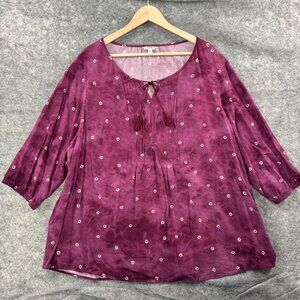 Sonoma Top Womens Plus 3X Purple Keyhole 3/4 Sleeve Boho Peasant Tunic Pleated